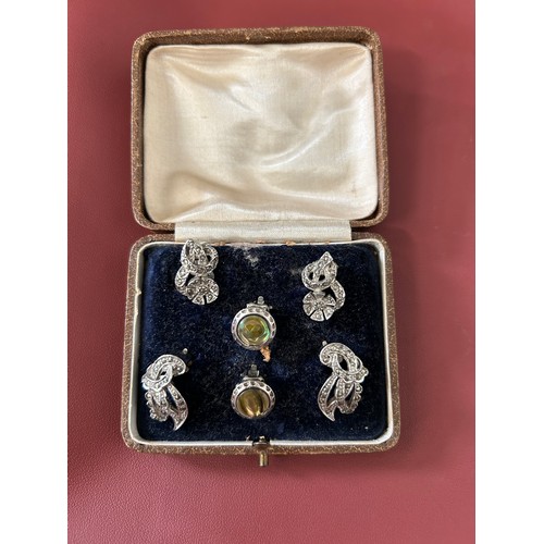 35 - A COLLECTION OF VINTAGE EARRINGS TWO PAIRS OF MARCASITE AND A PAIR WITH ABALONE SHELL IN LOVELY OLD ... 