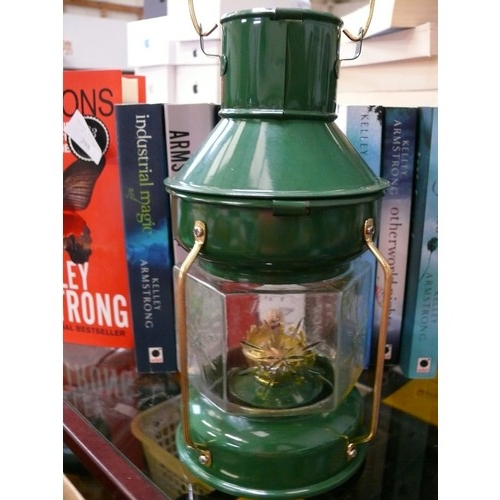 400 - PARAFFIN LAMP IN GREEN METAL WITH BRASS FITTINGS