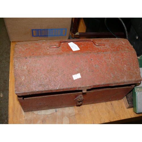 401 - RED METAL TOOL BOX WITH CONTENTS OF SPANNERS