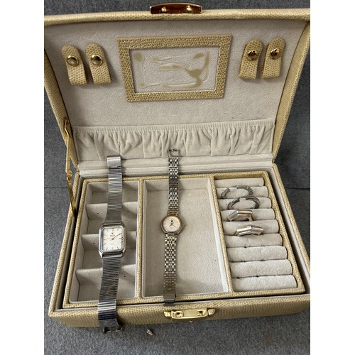 36 - A FAUX SNAKE SKIN JEWELLERY BOX WITH 2 PAIRS OF LARGE SOLID SILVER EARRINGS 2 WATCHES MARKED ROLEX