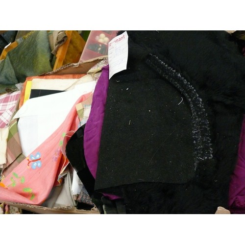 432 - LARGE BOX OF FABRIC REMNANTS - MANY VINTAGE TO INCLUDE REGENCY STRIPE, CRUSHED VELVET, DAMASK, CHECK... 