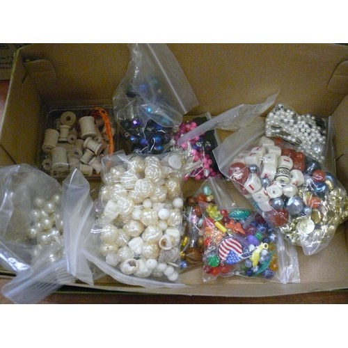 433 - BOX OF BEADS - ALL TYPES, MINI WOODEN COTTON REELS ETC