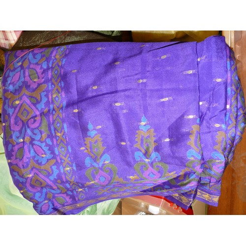 435 - BOX OF QUALITY SILK FABRICS - INDIAN SILKS WITH GOLD THREAD EDGING, CHIFFONS ETC