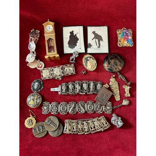 9 - A BASKET OF ECLECTIC MIX OF INTERESTING ITEMS BRASS CLOCK TWO SILHOUETTE FRAMED AND GLASSED