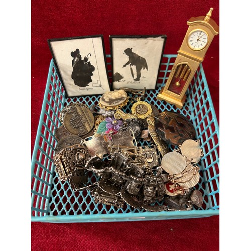 9 - A BASKET OF ECLECTIC MIX OF INTERESTING ITEMS BRASS CLOCK TWO SILHOUETTE FRAMED AND GLASSED