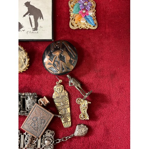 9 - A BASKET OF ECLECTIC MIX OF INTERESTING ITEMS BRASS CLOCK TWO SILHOUETTE FRAMED AND GLASSED