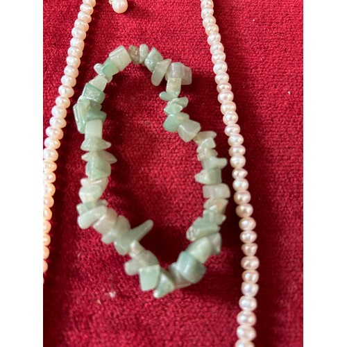 48 - A STRING OF REAL SOUTH SEA PEARLS REALLY NICE WITH BOX PLUS A JADE BRACELET