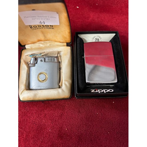 44 - TWO LIGHTERS ONE A ZIPPO THE OTHER A RONSON   BOTH IN THEIR OWN BOXES