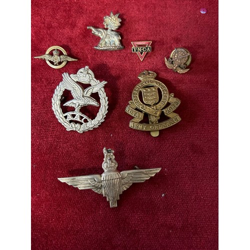 49 - A COLLECTION OF MILITARY CAP BADGES WWII PARACHUTE AIRBOURN REG 883. U.S.A ARMY QUARTERMASTER LAPEL ... 