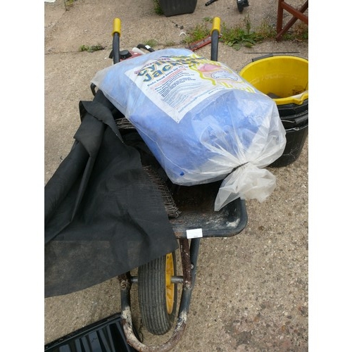 404 - WHEELBARROW AND CONTENTS OF HANGING BASKETS, WED CONTROLFABRIC ETC