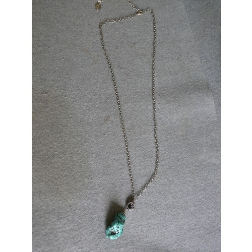 21 - SILVER AND TURQUOISE ETHNIC JEWELLERY LONG CHAIN