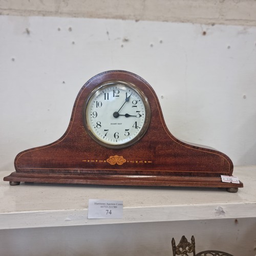 74 - 8 DAY WOODEN MANTLE CLOCK WITH MARQUETRY INLAY