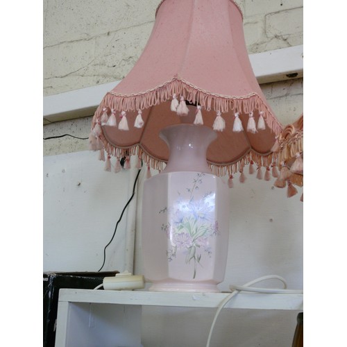 219 - 2 TABLE LAMPS 1 MARBLE EFFECT BASE AND 1 PINK FLORAL. ALSO A WILLOW TREE 'ANNIVERSARY' FIGURE, & COU... 