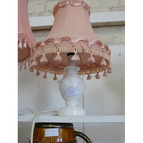 219 - 2 TABLE LAMPS 1 MARBLE EFFECT BASE AND 1 PINK FLORAL. ALSO A WILLOW TREE 'ANNIVERSARY' FIGURE, & COU... 