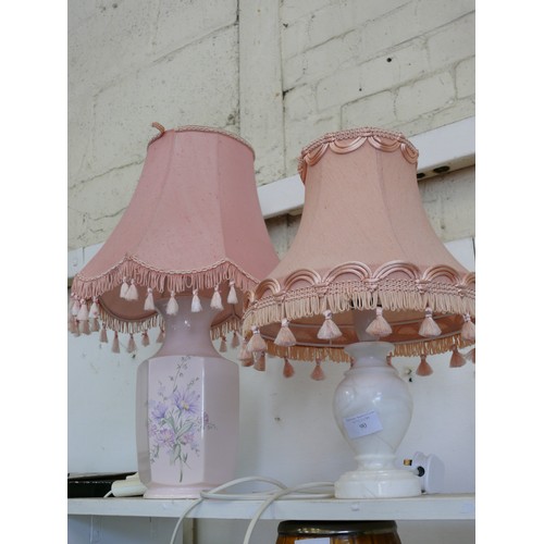 219 - 2 TABLE LAMPS 1 MARBLE EFFECT BASE AND 1 PINK FLORAL. ALSO A WILLOW TREE 'ANNIVERSARY' FIGURE, & COU... 