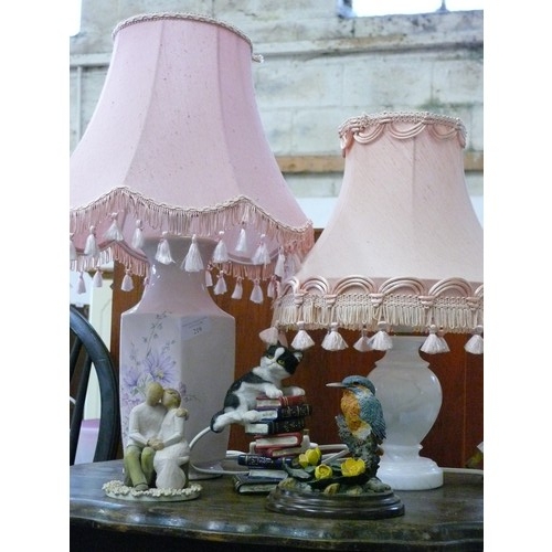 219 - 2 TABLE LAMPS 1 MARBLE EFFECT BASE AND 1 PINK FLORAL. ALSO A WILLOW TREE 'ANNIVERSARY' FIGURE, & COU... 