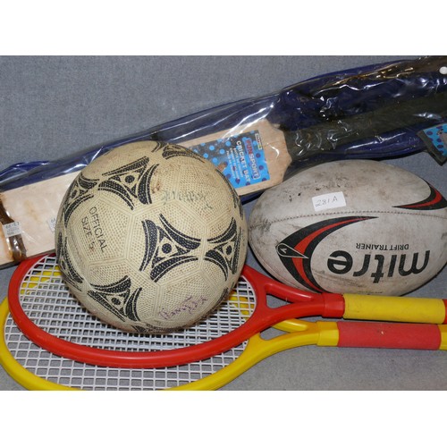 281A - FOOTBALL, RUGBY BALL, CRICKET BAT AND PLASTIC TENNIS RACKETS