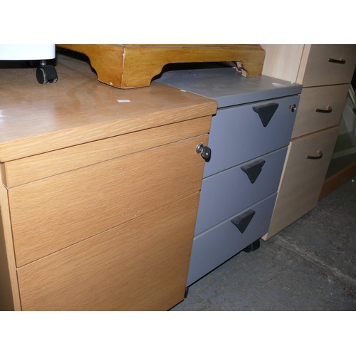 342 - 3 X FILNG CABINETS IN GREY AND PALE WOOD FINISH, ONE FULL OF NUMEROUS HANGING FILRS