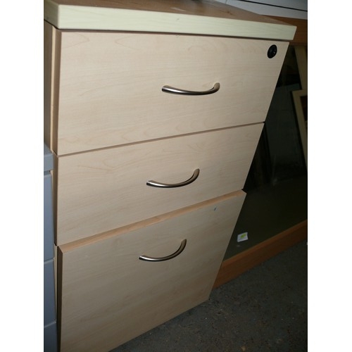 342 - 3 X FILNG CABINETS IN GREY AND PALE WOOD FINISH, ONE FULL OF NUMEROUS HANGING FILRS