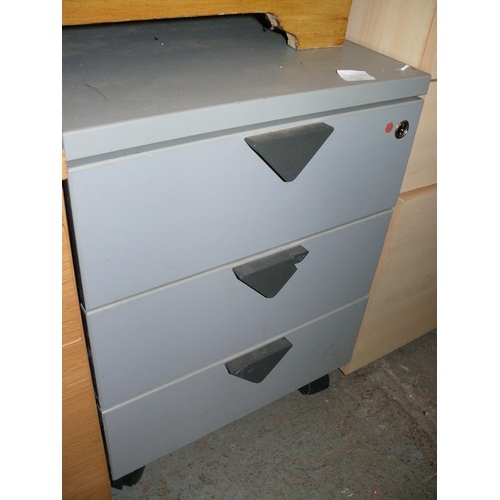 342 - 3 X FILNG CABINETS IN GREY AND PALE WOOD FINISH, ONE FULL OF NUMEROUS HANGING FILRS