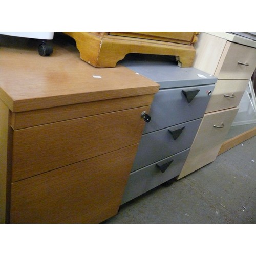 342 - 3 X FILNG CABINETS IN GREY AND PALE WOOD FINISH, ONE FULL OF NUMEROUS HANGING FILRS