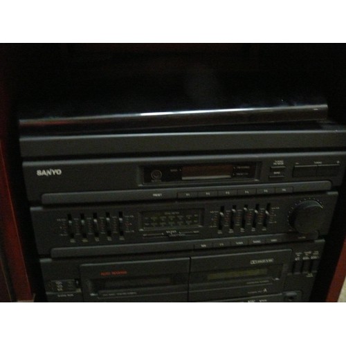 347 - A SANYO HI-FI SYSTEM WITH RECORD DECK, CASSETTE DECK, CD, RADIO & AMPLIFIER, IN A MAHOGANY CABINET