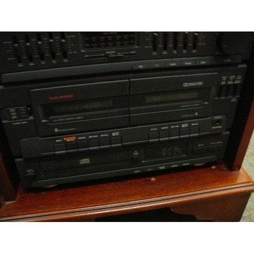 347 - A SANYO HI-FI SYSTEM WITH RECORD DECK, CASSETTE DECK, CD, RADIO & AMPLIFIER, IN A MAHOGANY CABINET