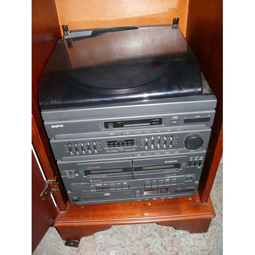 347 - A SANYO HI-FI SYSTEM WITH RECORD DECK, CASSETTE DECK, CD, RADIO & AMPLIFIER, IN A MAHOGANY CABINET