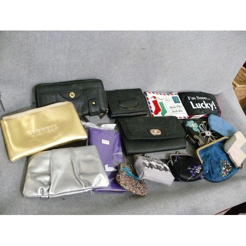 363 - 16 X VARIOUS PURSES, WALLET, COSMETIC BAGS INCLUDING A NEW PHONE CASE IN PACKAGING, FIORELLI BLACK L... 