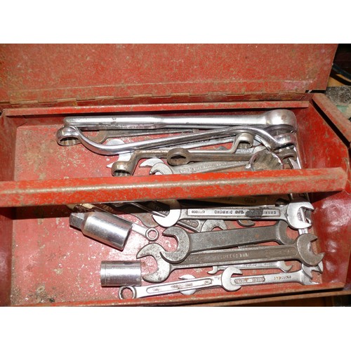 401 - RED METAL TOOL BOX WITH CONTENTS OF SPANNERS