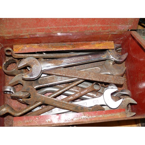 401 - RED METAL TOOL BOX WITH CONTENTS OF SPANNERS