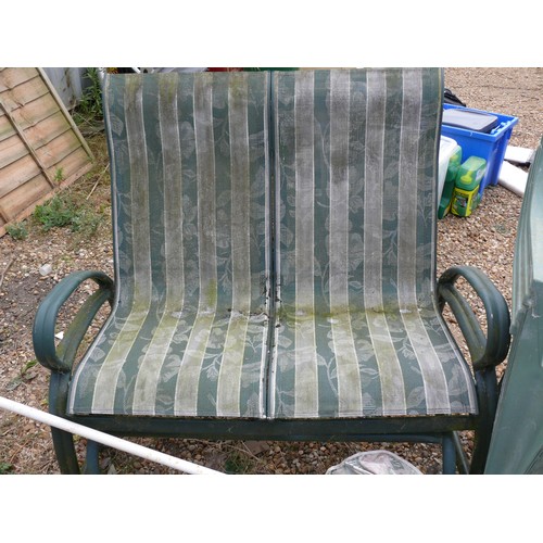 415 - METAL FRAMED GAREN BENCH, 4 GREEN PLASTIC CHAIRS AND A PARASOL