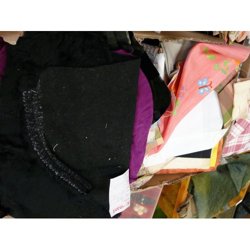 432 - LARGE BOX OF FABRIC REMNANTS - MANY VINTAGE TO INCLUDE REGENCY STRIPE, CRUSHED VELVET, DAMASK, CHECK... 