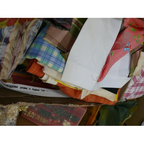 432 - LARGE BOX OF FABRIC REMNANTS - MANY VINTAGE TO INCLUDE REGENCY STRIPE, CRUSHED VELVET, DAMASK, CHECK... 