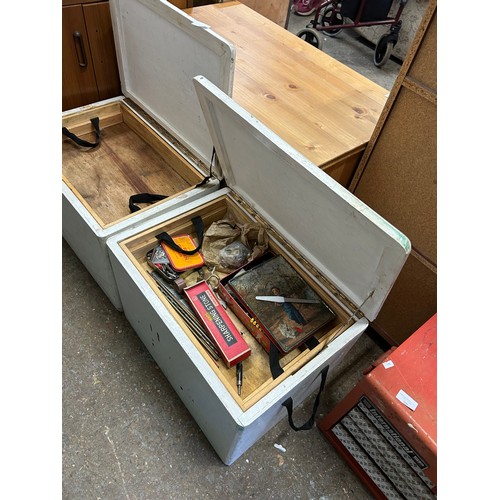 499 - 2 VINTAGE WOODEN TOOL BOXES WITH LIFT OUT TRAYS