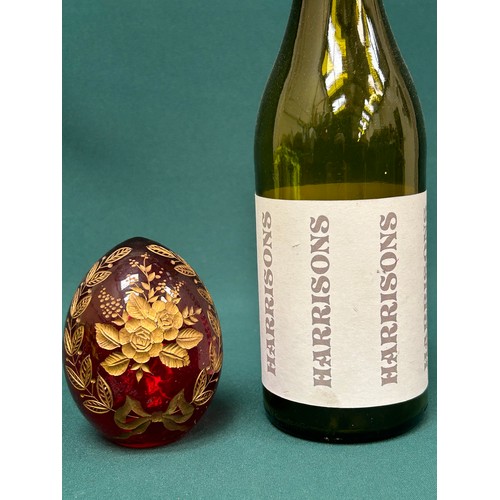 10 - Russian ruby glass egg in the style of Faberge engraved & gilded with flowers and leaves - 10cm h