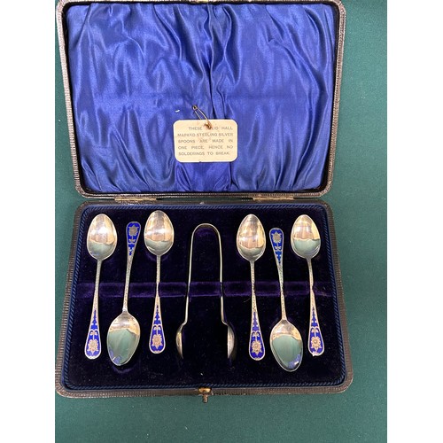 33 - An unusual set of sterling silver & blue enamel teaspoons with matching sugar tongs - Birmingham 190... 