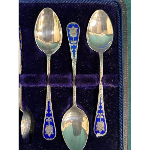 33 - An unusual set of sterling silver & blue enamel teaspoons with matching sugar tongs - Birmingham 190... 