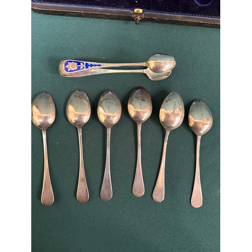 33 - An unusual set of sterling silver & blue enamel teaspoons with matching sugar tongs - Birmingham 190... 