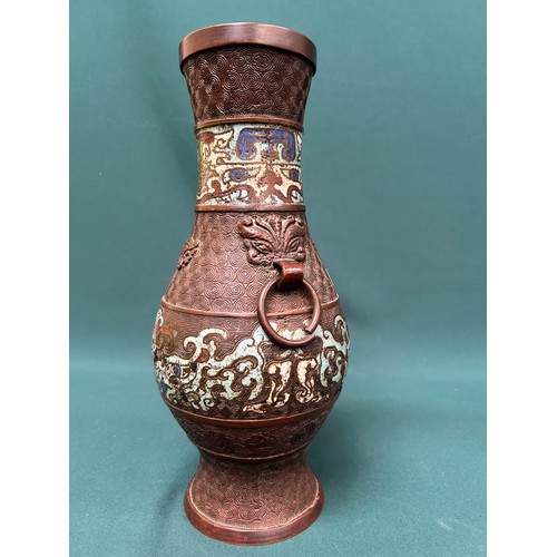 250 - Antique Japanese bronze vase with ornate champleve enamel bands & ring handles - 30cm h