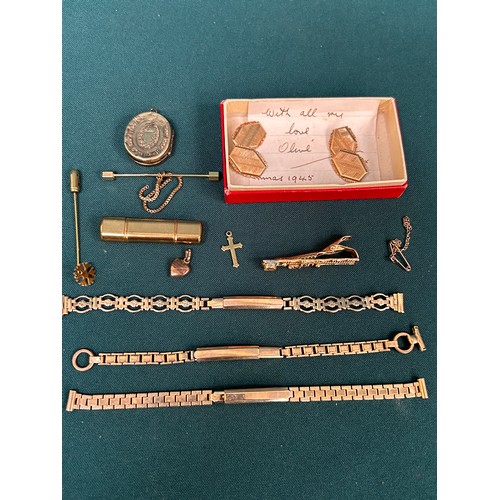 42 - Gold, rolled gold and gold metal oddments of jewellery, pins, watchstraps etc. Includes a small 9ct ... 