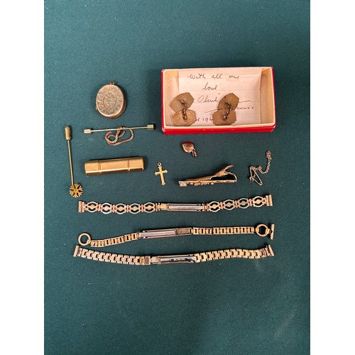 42 - Gold, rolled gold and gold metal oddments of jewellery, pins, watchstraps etc. Includes a small 9ct ... 