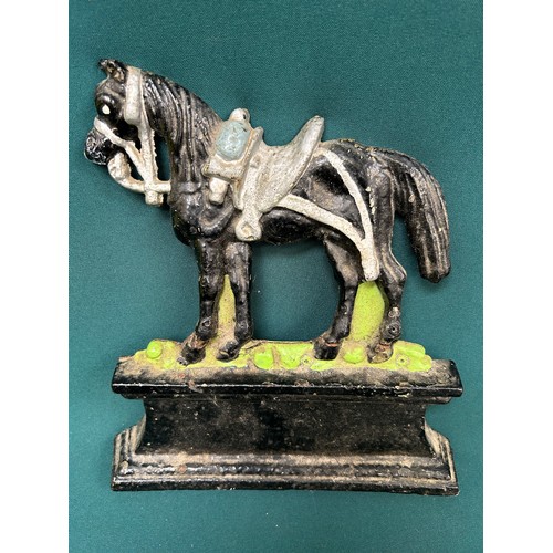 400 - Vintage cast metal figure of a horse - door stop - with original painted finish - old repair - stamp... 