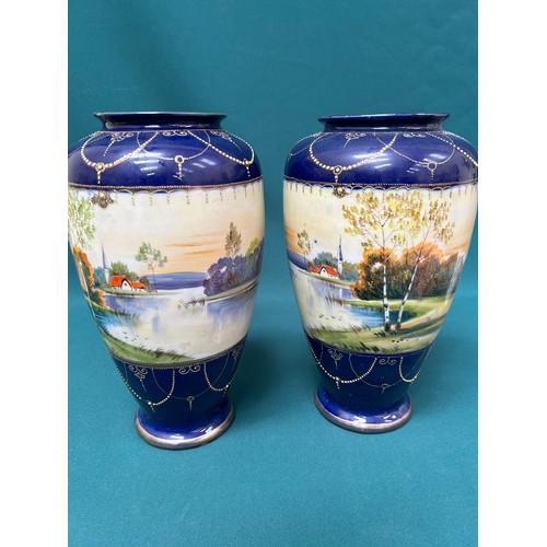 254 - Large pair of handpainted Japanese porcelain vases with lake scenes, by Kinjo China, Nippon - Japan.... 