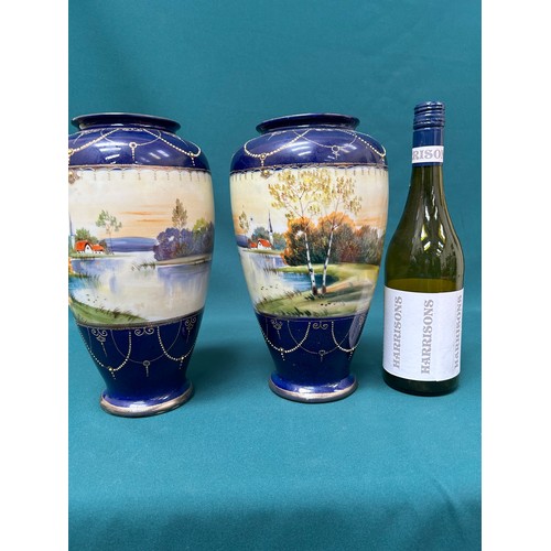 254 - Large pair of handpainted Japanese porcelain vases with lake scenes, by Kinjo China, Nippon - Japan.... 