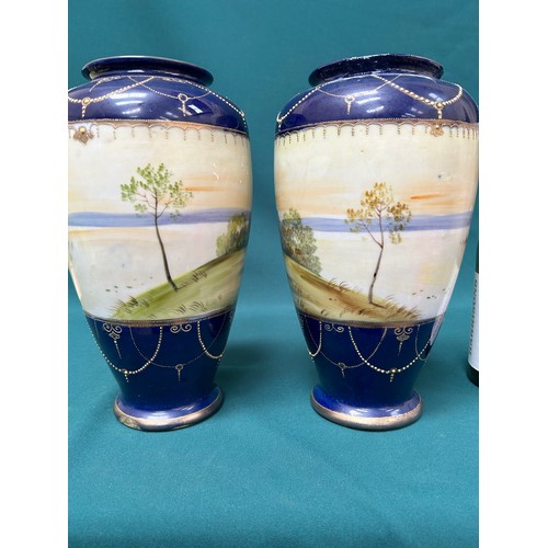 254 - Large pair of handpainted Japanese porcelain vases with lake scenes, by Kinjo China, Nippon - Japan.... 