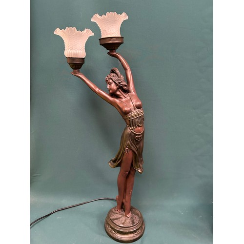 281 - Large Art Deco style bronze resin lamp in the form of a semi clad female dancer - with glass shades ... 