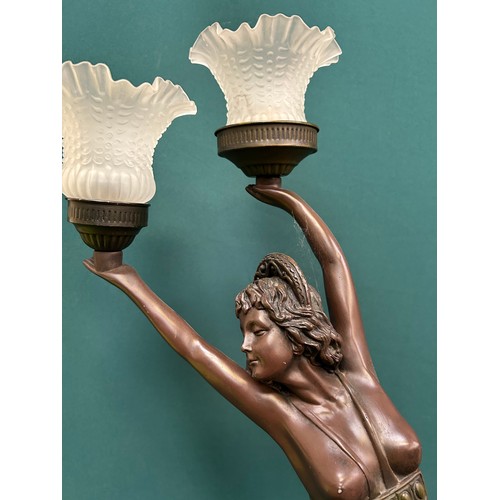 281 - Large Art Deco style bronze resin lamp in the form of a semi clad female dancer - with glass shades ... 