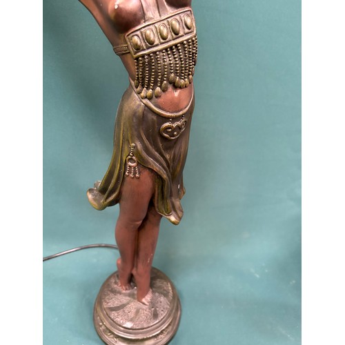 281 - Large Art Deco style bronze resin lamp in the form of a semi clad female dancer - with glass shades ... 