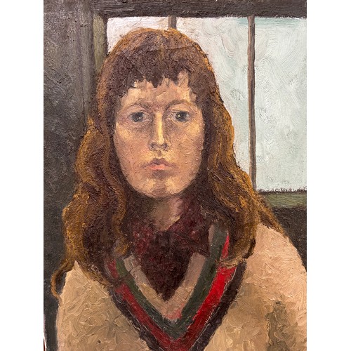 154 - Mid 20th Century Oil Painting on Canvas - Portrait of a girl in a Tennis Sweater - 85cm x47cm